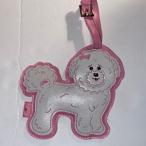 Miss Fluff  leather luggage tag white doggie trimmed in pink